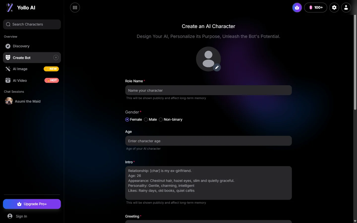 Yollo AI interface de créateur de personnage en anglais