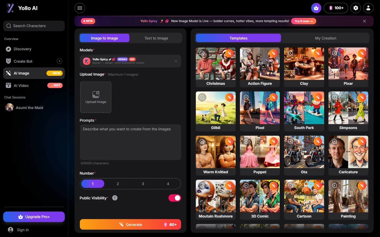 Yollo AI interface de générateur d'images en anglais