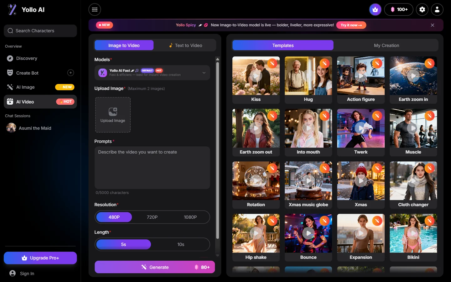 Yollo AI interface de générateur de vidéos en anglais